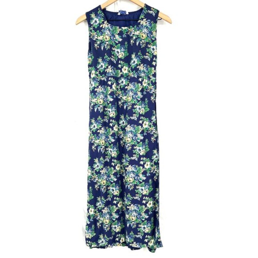 Vintage 90s April Cornell blue green yellow floral faux wrap maxi dress‎ S